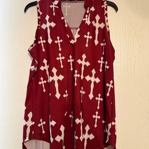 Elegant Red Cross Print Sleeveless Blouse